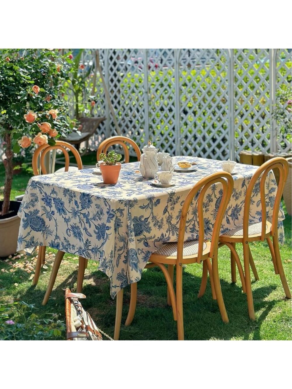 Waterproof Blue Floral Tablecloth 60x84" - Thick Fabric for Outdoor Dining